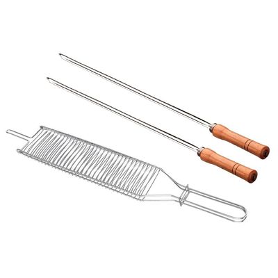 Conjunto de Grelha para Coraçãozinho e Espetos Simples Utimil em Aço Cromado, Aço Inox e Madeira  3 Peças