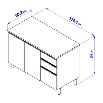 Balcão Bartira Cristal em MDP com 2 Portas e 3 Gavetas, 120,1cm de largura - Lâmina de Mel/Azul Royal