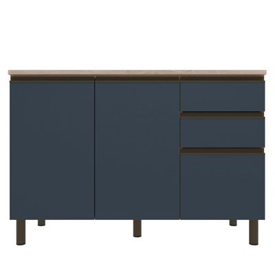 Balcão Bartira Cristal em MDP com 2 Portas e 3 Gavetas, 120,1cm de largura - Lâmina de Mel/Azul Royal