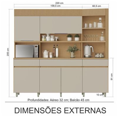Cozinha Compacta Nesher Realeza com 5 Portas, 2 Gavetas e 2 Prateleiras - 220cm de largura
