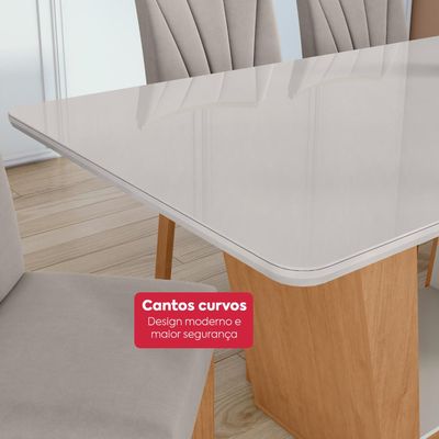 Mesa 1,70 Apogeu com vidro + 06 Cad.Apogeu Tecido Veludo Liso Capuccino Amendoa Cle/Off