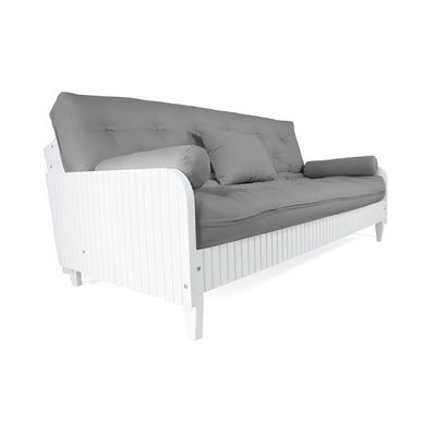 Sofá Cama Paris Ripado Branco Sarja Cinza Madeira Nobre