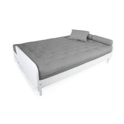 Sofá Cama Paris Ripado Branco Sarja Cinza Madeira Nobre