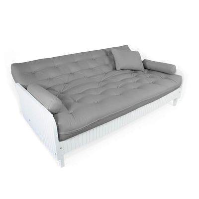 Sofá Cama Paris Ripado Branco Sarja Cinza Madeira Nobre