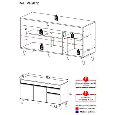 Balcão Cozinha Gabinete Pia 150Cm 3 Portas Preto/branco