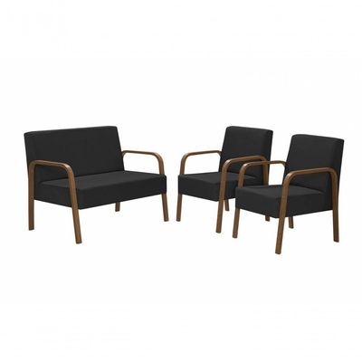 Conjunto Luna 1 Poltrona 2 Lugares E 2 Poltronas De 1 Lugar Braço Madeira D Salla Courino Preto