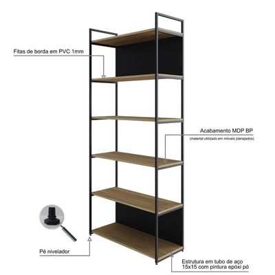 Estante Com 6 Prateleiras 186x80x33cm Comfundo Yon Vermont Oak Preta