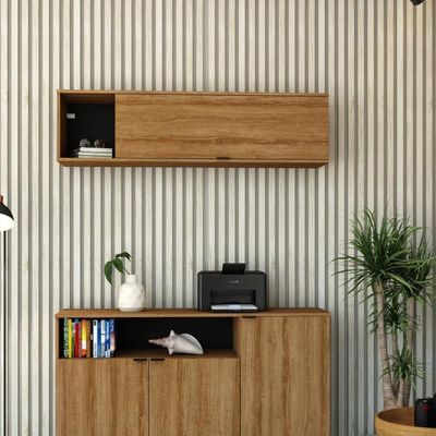 Armário Aéreo Com Nicho E Porta Basculante 35x135x35cm Wlnp135 Lâmina Mel Preto