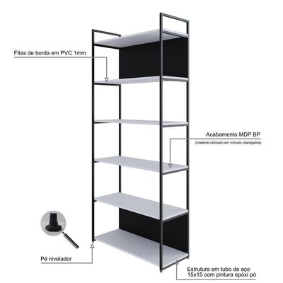 Estante Com 6 Prateleiras 186x80x33cm Comfundo Yon Branco Preta