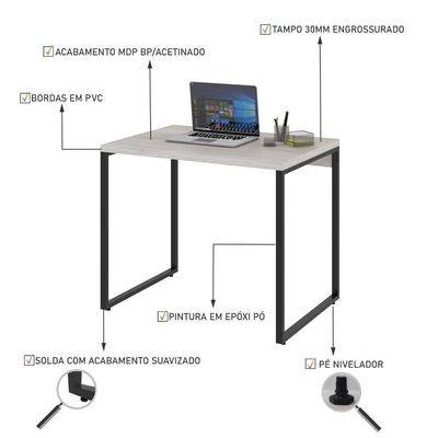 Mesa Kuadra Office 90x60x75cm Snow Estrutura Preta