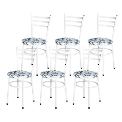 Conjunto 6 Cadeiras Epóxi Branca Para Cozinha Assento Estampado Floral Branco