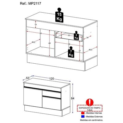 Balcão Cozinha Gabinete Pia 120 Cm 2 Rtas Branco/preto