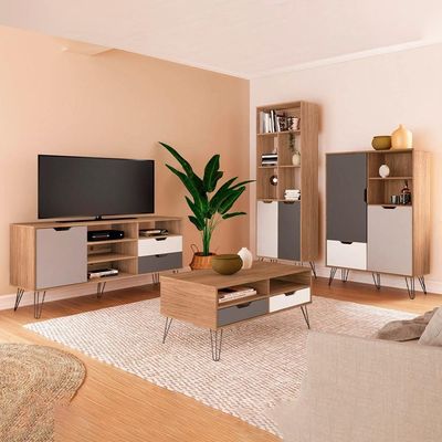 Conjunto Para Sala Rack Tv 60 Pol Carvalho Branco Grafite Prata Arly