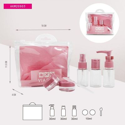 Kit De Bolsa Transparente E Frascos De Viagem De 7 Peças Rosa