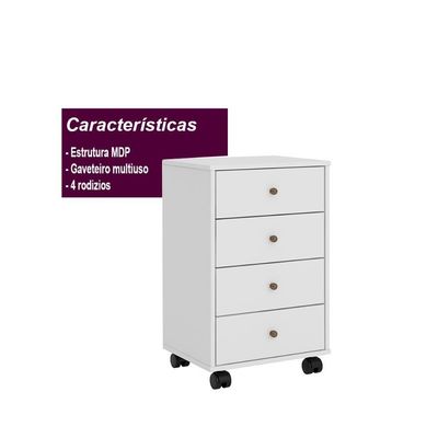 Gaveteiro 4 Gavetas Com Rodizios Office Estônia Branco