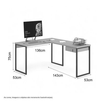 Mesa Home Office Escrivaninha L Shine Cinza Com Gaveteiro