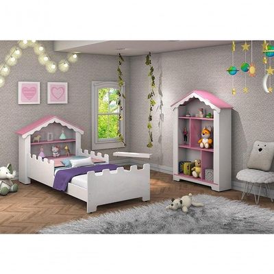 Conjunto De Quarto Princesa Com Cama E Estante Branco-rosa - Vitamov