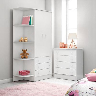 Conjunto Aurora Branco-branco: Cômoda Aurora 4 Gaveteiros + Guarda-roupa Aurora 2 Portas