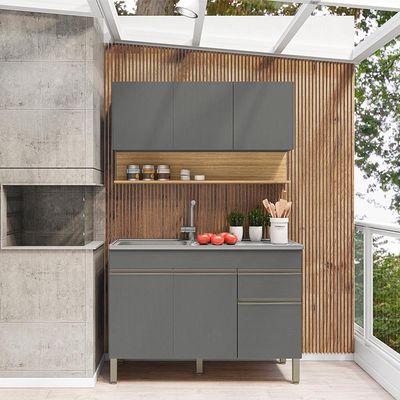 Balcão Para Pia E Armário Aéreo 120 Cm Line Ktp Gris Cp Freijo