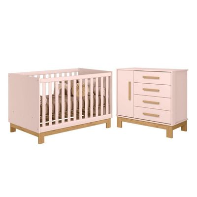 Conjunto Infantil Encanto Slim Rosa Acetinado Berço Encanto Slim Mini Cama + Cômoda Encanto Slim
