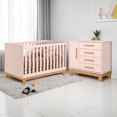 Conjunto Infantil Encanto Slim Rosa Acetinado Berço Encanto Slim Mini Cama + Cômoda Encanto Slim