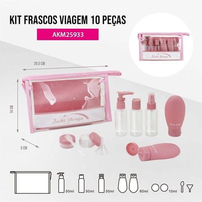 Kit De Bolsa Transparente E Frascos De Viagem De 10 Peças Rosa