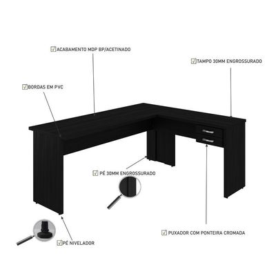Mesa Para Escritório Em L 1,80x1,60m Tampo E Pés 30mm Com Gaveta Preto Ônix