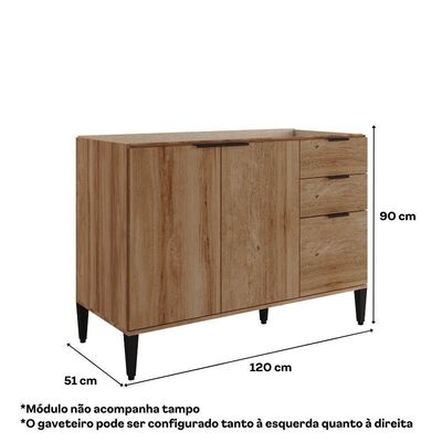 Balcão De Cozinha Miami 1200mm 2 Portas 3 Gavetas Sem Tampo Carraro Freijó