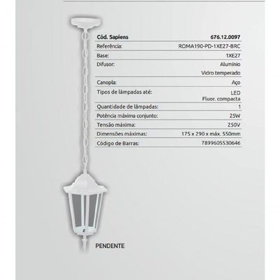 Pendente Roma 190 Branco 1xe27 G-light