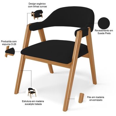 Kit 05 Cadeiras De Jantar E Estar Living Estofada Nadja L02 Suede Preto - Lyam Decor