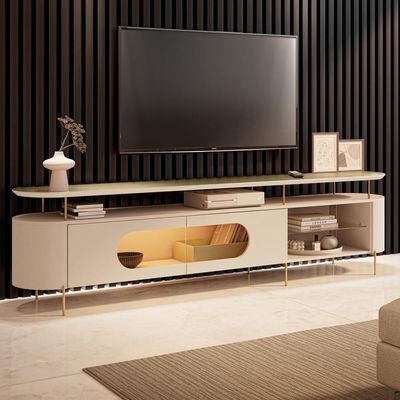 Rack Para Sala Orgânico Sâmia Com Painel Para Tv 85 Pol Aslan B01 Off White Champagne - Lyam Decor