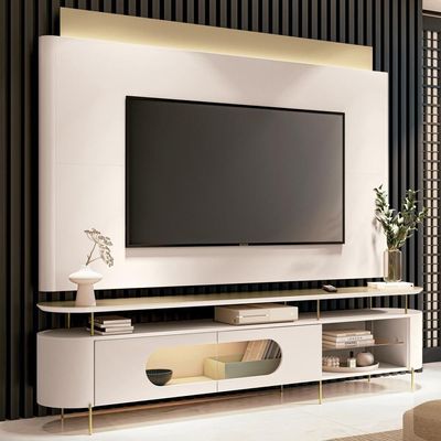 Rack Para Sala Orgânico Sâmia Com Painel Para Tv 85 Pol Aslan B01 Off White Champagne - Lyam Decor