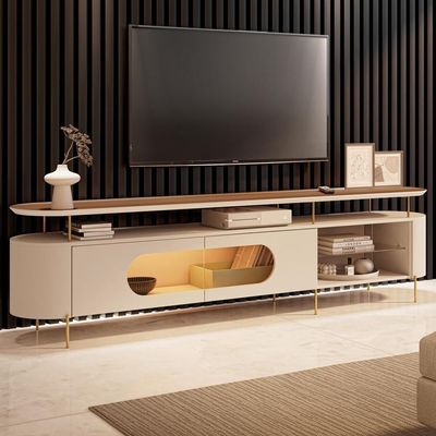 Rack Para Sala De Estar Tv 85 Pol Orgânico Sâmia B01 Off White Castanho - Lyam Decor