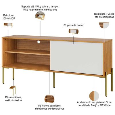 Rack Para Sala De Estar Tv 50 Pol 144cm Industrial Nagi D03 Freijó Off White - Lyam Decor