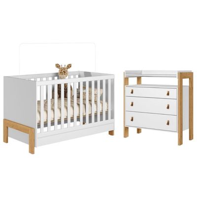 Conjunto Infantil Alegria Branco Acetinado: Berço Mini Cama + Cômoda + Guarda-roupa