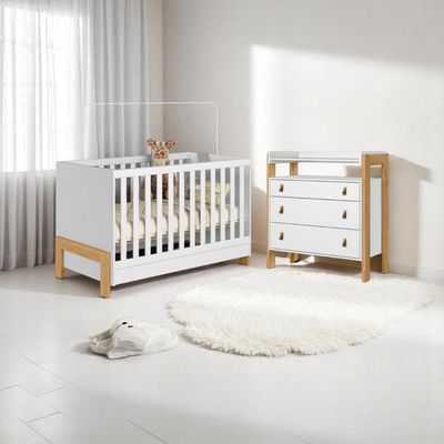Conjunto Infantil Alegria Branco Acetinado: Berço Mini Cama + Cômoda + Guarda-roupa