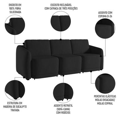 Sofá Cama Casal Para Sala 246cm Polska Z08 Veludo Preto - Mpozenato
