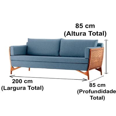 Sofá Cutiê Ozki 200 Cm Madeira Eucalipto Cedro Tecido Azul Corda Fita Canela