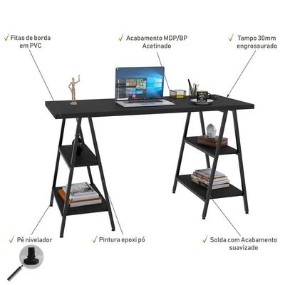 Mesa Escrivaninha Cavalete 135cm Estilo Industrial Prisma C08 Preto ônix/preto - Mpozenato