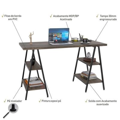 Mesa Escrivaninha Cavalete 135cm Estilo Industrial Prisma C08 Carvalho Dark/preto - Mpozenato