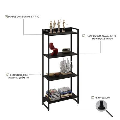 Estante Livreiro Dynamica Industrial 60cm 4 Prateleiras C08 Preto ônix - Mpozenato