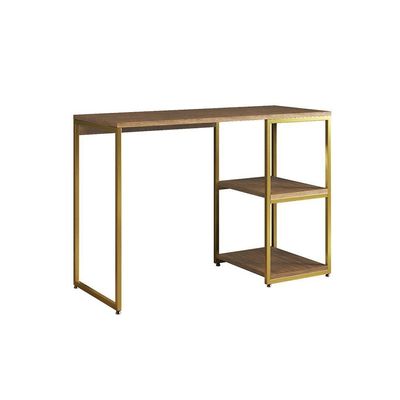 Mesa Escritório Berlim Industrial Com Prateleira Ferro Dourado Tampo 110x46 Freijó