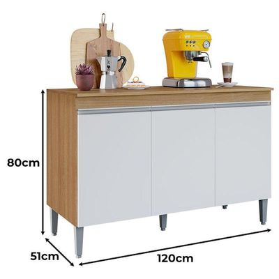 Balcão De Cozinha Manu Com Tampo 120cm Amêndoa Branco - Ajl