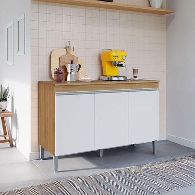 Balcão De Cozinha Manu Com Tampo 120cm Amêndoa Branco - Ajl