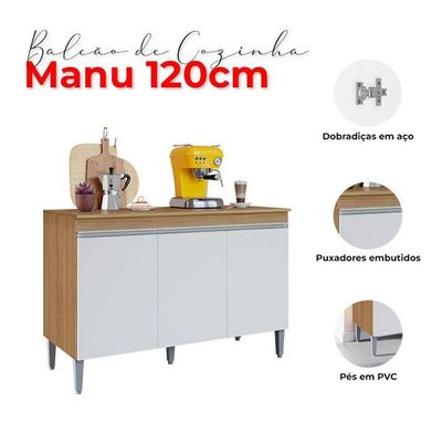 Balcão De Cozinha Manu Com Tampo 120cm Amêndoa Branco - Ajl