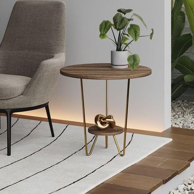 Mesa Lateral Redonda Industrial Italy Ferro Dourado E Tampo Amêndoa