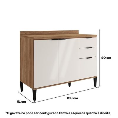 Balcão De Cozinha Miami 1200mm 2 Portas 3 Gavetas Com Tampo Carraro Freijó Com Off White
