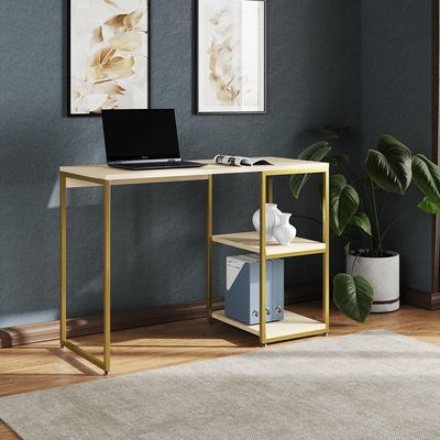 Mesa Escritório Berlim Industrial Com Prateleira Ferro Dourado Tampo 110x46 Off White