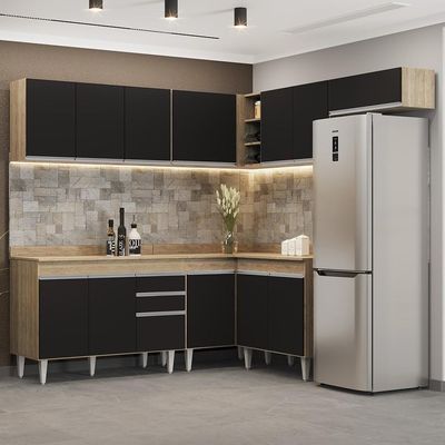 Armário De Cozinha Modulado De Canto 7 Peças Cp20 Balcão Com Tampo Castanho/preto - Lumil