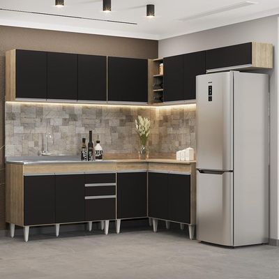 Armário De Cozinha Modulado De Canto 7 Peças Cp21 Com Pia Inox Castanho/preto - Lumil
